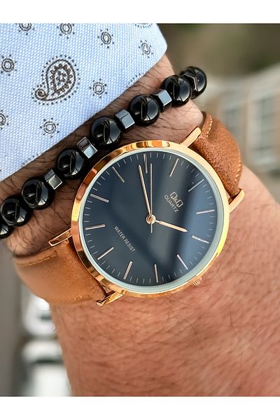 Q&Q Brand Retro Tan Color 24 months Warranty, Waterproof, Leather Strap Men's Wristwatch+Bracelet