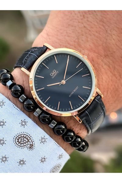 Q&Q Brand Retro Dark Blue, 24 months Warranty, Waterproof, Leather Strap Men's Wristwatch+Bracelet