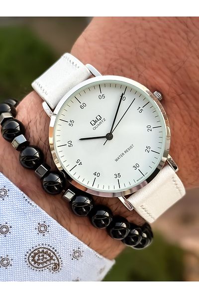 Q&Q Brand Retro White Color, Waterproof, Leather Strap Men's Wristwatch+Bracelet