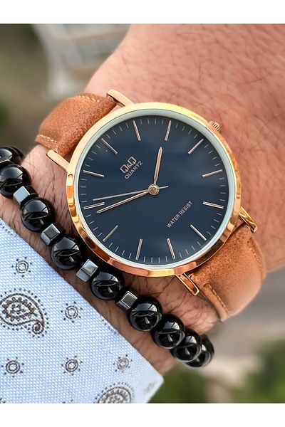 Q&Q Brand Retro Tan Color 24 months Warranty, Waterproof, Leather Strap Men's Wristwatch+Bracelet