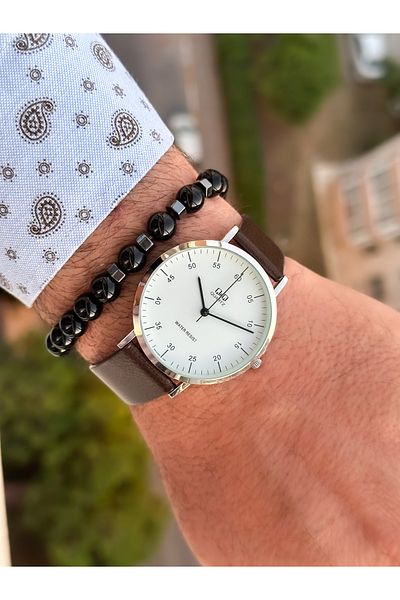 Q&Q Brand Retro Brown, 24 months Warranty, Waterproof, Leather Strap Men's Wristwatch+Bracelet