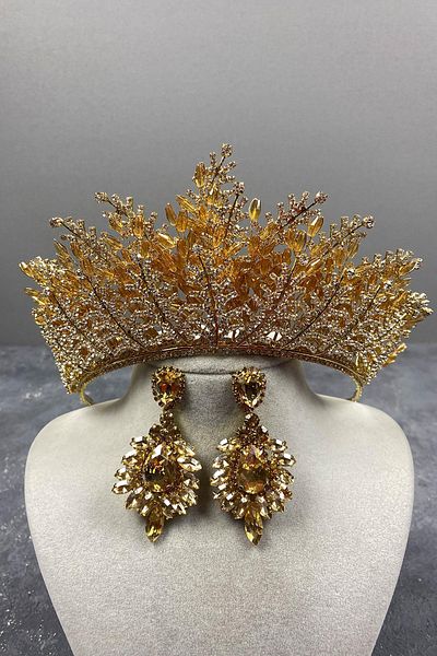 Hobigram Honey Color Nairobi Bead Embroidered Bridal Henna Tiara and Earring Set for the Most Beautiful Brides – Crown – Crown