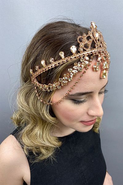 Hobigram Coroana de henna pentru mireasa Rose Color Sultana pentru cele mai frumoase mirese – Coroana, cu piatra de cristal, model elegant, coroana de mireasa –