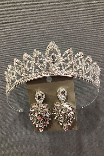 Hobigram Set de coroană și cercei Yaren Silver Color Bridal.henna pentru cele mai frumoase mirese – Coroană, piatră de cristal, model elegant