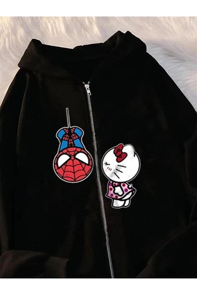 Planet Butik Spider Kitty Printed Oversize Zippered Black Unisex Hooded Cardigan