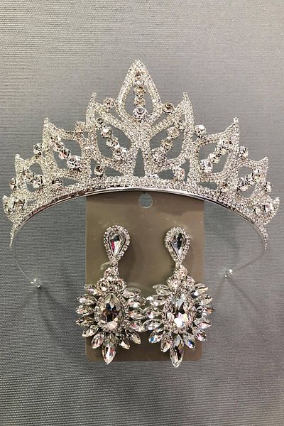 Hobigram Set de coroană și cercei de mireasă de culoare argintie pentru cele mai frumoase mirese – coroană, piatră de cristal, model elegant, coroană de mireasă