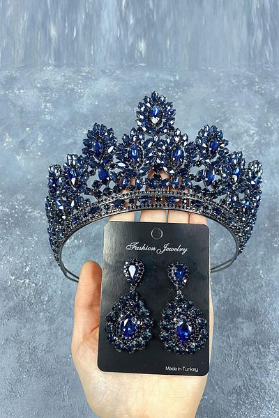 Hobigram To the Most Beautiful Brides Navy Blue Godiva High Bridal Henna Tiara and Drop Stone Earrings – Crown, Crystal Stone