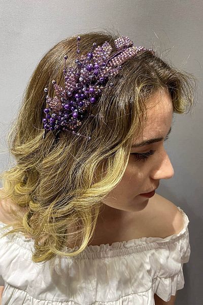 Hobigram Model Purple Leaf cu mărgele și accesoriu turban pentru cele mai frumoase mirese – coroană, piatră de cristal, modă elegantă