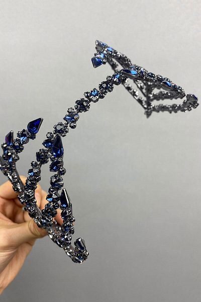 Hobigram Accesoriu de păr Helen cu două fețe, albastru bleumarin, pentru cele mai frumoase mirese, coroană de mireasă – coroană, cu pietre de cristal – coroană