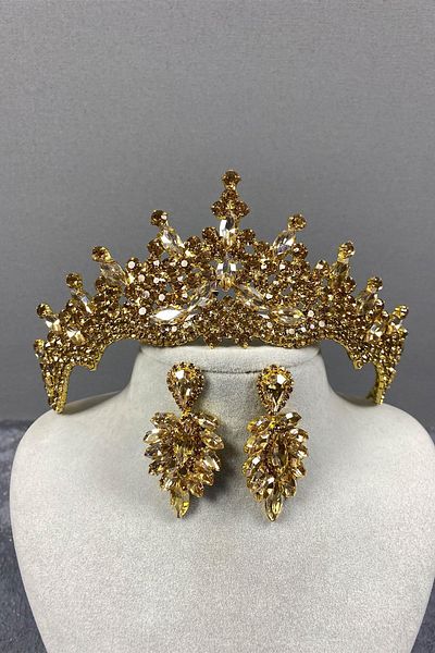 Hobigram Set de coroană și cercei de mireasă cu henna pentru cele mai frumoase mirese, culoarea mierei, Tokyo Stone – Coroană, cu piatră de cristal –