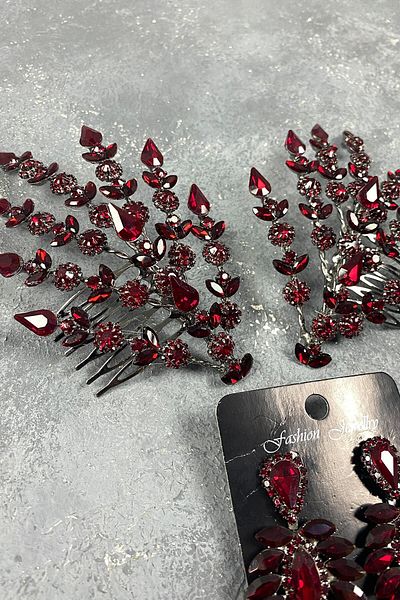 Hobigram Accesoriu și cercei pentru păr de mireasă Helenist cu două fețe bordeaux pentru cele mai frumoase mirese – coroană, piatră de cristal –