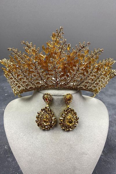 Hobigram Honey Color Nairobi Bead Embroidered Bridal Henna Tiara and Earring Set for the Most Beautiful Brides – Crown – Crown