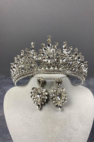 Hobigram Coroană de mireasă din argint Rio Stone și cercei cu piatră de navetă pentru cele mai frumoase mirese – Coroană, piatră de cristal, model elegant –