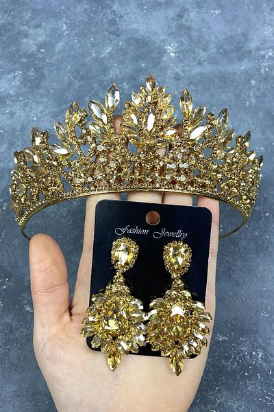 Hobigram Honey Color Danver Stone Bridal Henna Tiara and Earring Set for the Most Beautiful Brides – Crown, Crystal Stone – Crown –