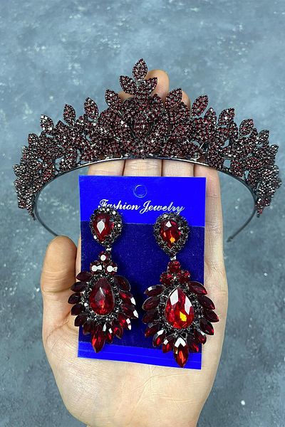 Hobigram Set de coroană și cercei de mireasă cu henna de mireasă cu pietre prețioase roșii pentru cele mai frumoase mirese – coroană, piatră de cristal, modă elegantă