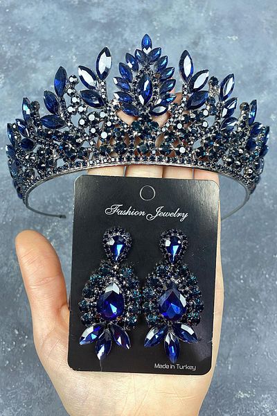 Hobigram Navy Blue Danver Stone Bridal Henna Tiara and Evening Dress Earring Set for the Most Beautiful Brides – Crown, Crystal Stone –