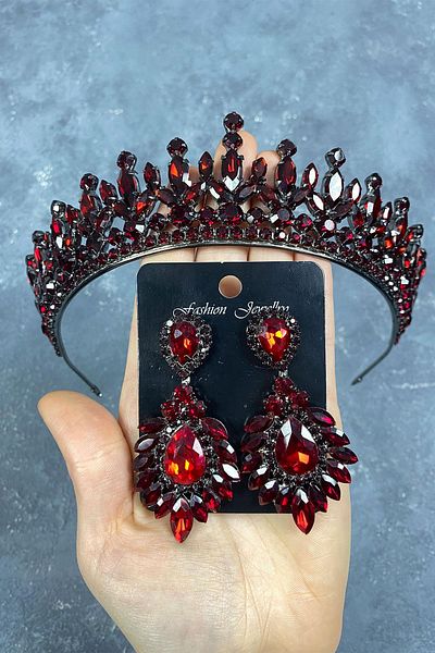 Hobigram Set de coroană și cercei de seară pentru mireasa de culoare burgundă Pedro Stone pentru cele mai frumoase mirese – Coroană, Crystal Stone – Coroană