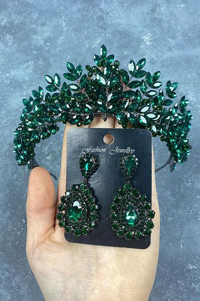 Hobigram Set de coroană și cercei de mireasă cu mărgele verde Asleny brodate și piatră pentru cele mai frumoase mirese – Coroană – Coroană
