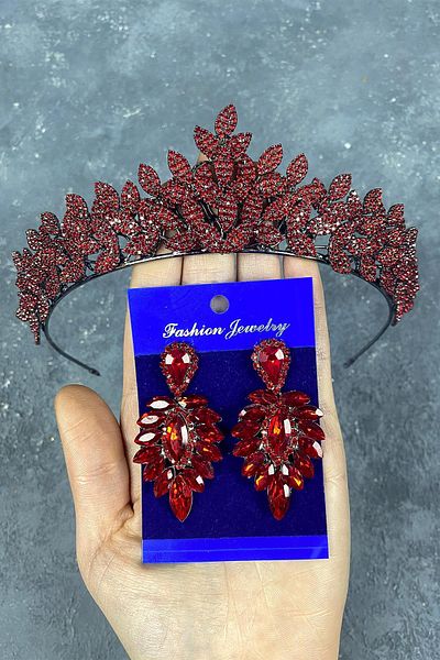 Hobigram Red Sara Sık Stone Bridal Henna Tiara și cercei Set pentru cele mai frumoase mirese – Coroană, Crystal Stone – Tiara –