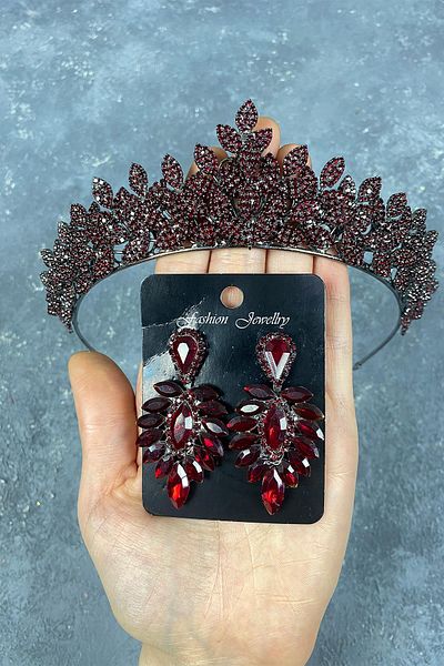 Hobigram Set de coroană și cercei cu henna de mireasă cu pietre prețioase roșii pentru cele mai frumoase mirese – coroană, cu pietre de cristal – T