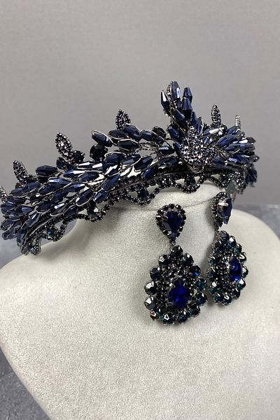 Hobigram Set de coroană și cercei de mireasă Henna cu cristale Lena bleumarin pentru cele mai frumoase mirese – coroană, piatră de cristal