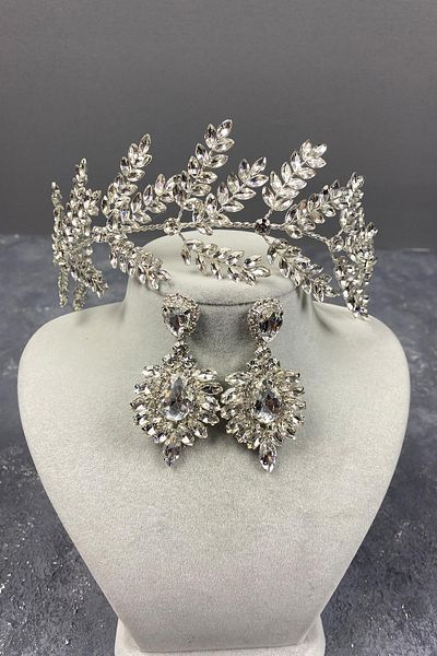 Hobigram Accesoriu de păr de mireasă cu ramuri de frunze de dilana argintie și cercei cu pietre pentru cele mai frumoase mirese – coroană – tiara