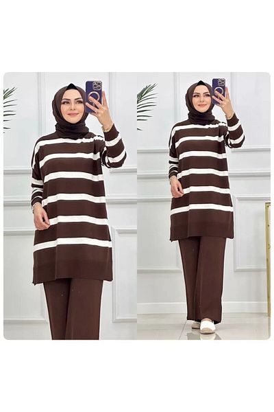 asyadabutik Set de tricotaje Hijab cu fante cu tunică în dungi