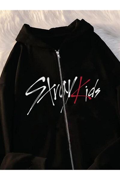 Planet Butik Stray Kids Printed Oversize Zippered Black Unisex Hooded Cardigan