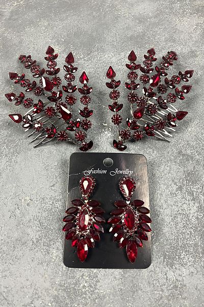 Hobigram Accesoriu și cercei pentru păr de mireasă Helenist cu două fețe bordeaux pentru cele mai frumoase mirese – coroană, piatră de cristal –