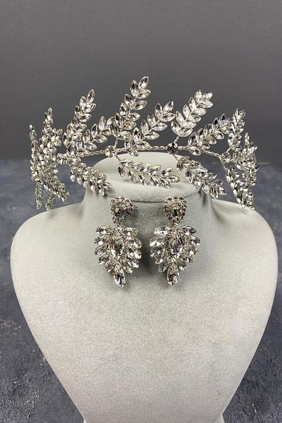 Hobigram Accesoriu de păr de mireasă cu ramuri de frunze de dilana argintie și cercei cu navetă pentru cele mai frumoase mirese – coroană – tiara