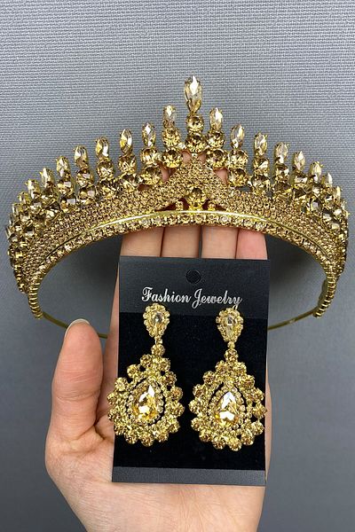 Hobigram Anteras Bridal Henna Crown and Earring Set for the Most Beautiful Brides – Crown, Crystal Stone, Stylish Model, Bridal Crown –