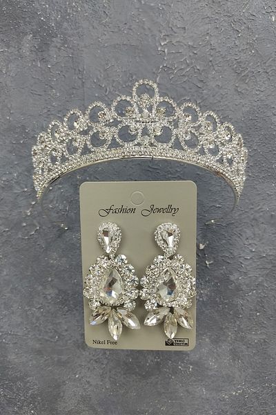 Hobigram Coroană de mireasă cu model margarete și cercei cu piatră de picătură pentru cele mai frumoase mirese – Coroană, piatră de cristal – Coroană