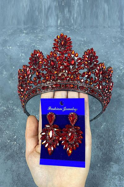 Hobigram Red Godiva High Bridal Henna Tiara și Cercei de seară cu pietre pentru cele mai frumoase mirese – Coroană – Tiara