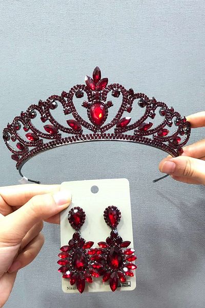 Hobigram Set de coroană și cercei de mireasă bordeaux pentru cele mai frumoase mirese – coroană, piatră de cristal, model elegant, coroană de mireasă – coroană