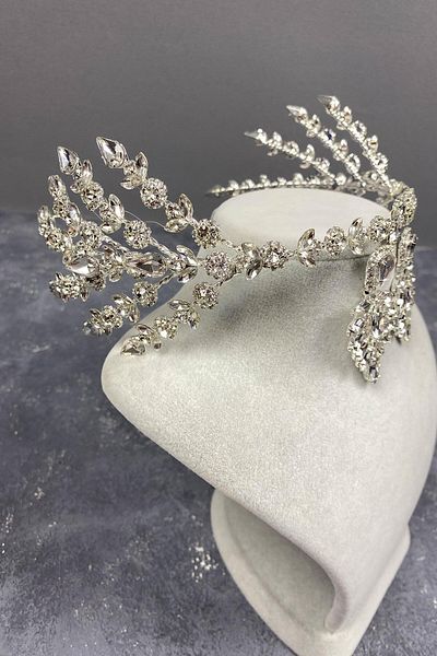 Hobigram Set de coroană și cercei cu piatră de henna pentru mireasa Helenistă din argint sterling pentru cele mai frumoase mirese – Coroană, cu piatră de cristal – T