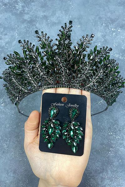 Hobigram Green Nairobi Bead Embroidered Bridal Henna Tiara and Stone Earring Set for the Most Beautiful Brides – Crown – Crown