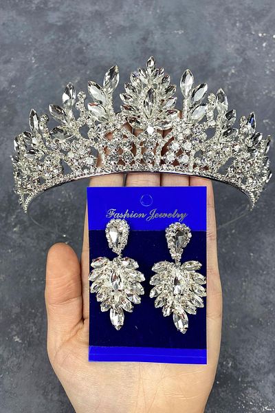 Hobigram Set de coroană de mireasă și cercei cu piatră Danver argintie pentru cele mai frumoase mirese – Coroană, piatră de cristal, model elegant – Ta