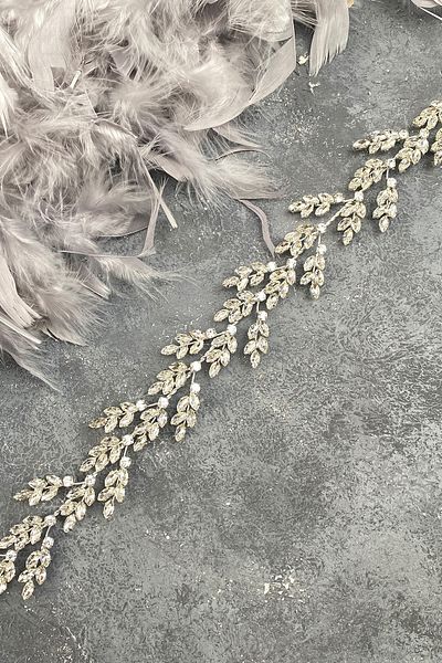 Hobigram Accesoriu de păr pentru mireasă cu coroană de henna cu frunze de beril argintiu pentru cele mai frumoase mirese – coroană, cu pietre de cristal –