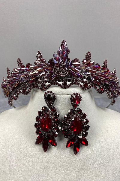 Hobigram Set de coroană de mireasă și cercei cu pietre de henna cu cristale Lena, culoare burgundă, pentru cele mai frumoase mirese – Coroană – Tiara