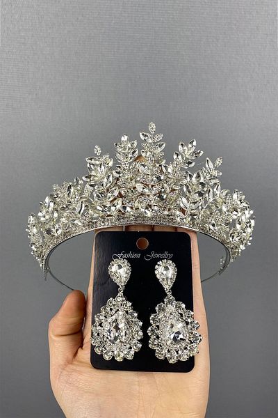 Hobigram Ezel argintiu pentru cele mai frumoase mirese Set de coroană și cercei cu piatră de mireasă tridimensională Henna – Coroană – Coroană