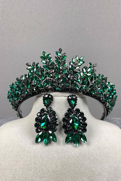 Hobigram Ezel verde pentru cele mai frumoase mirese Set de coroană și cercei cu picătură de henna de mireasă 3D – Coroană – Tiara