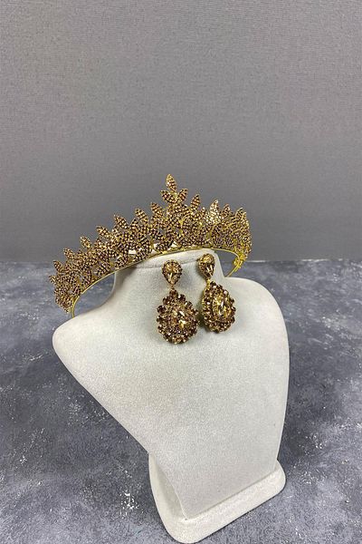 Hobigram Mica de miere pentru cele mai frumoase mirese Sara Sık Stone Bridal Henna Crown și cercei cu piatră picătură – Crown – Crown