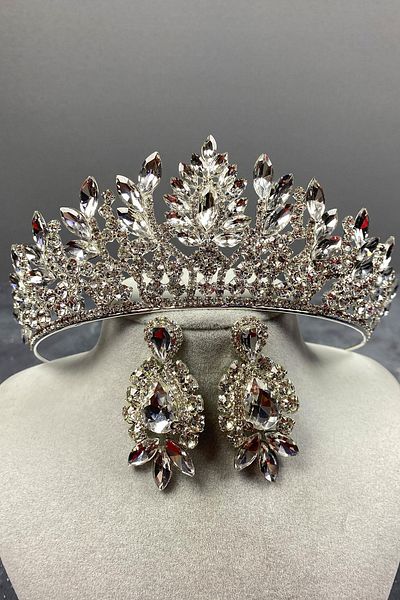 Hobigram Set de coroană de mireasă și cercei de seară cu piatră Danver argintie pentru cele mai frumoase mirese – coroană, piatră de cristal, model elegant
