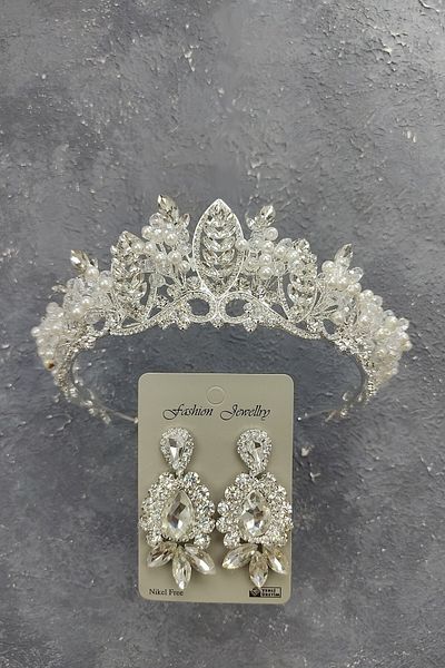 Hobigram Jabbah Model Coroana Mireasa Si Cercei Gemstone Drop Cu Perle pentru Cele mai Frumoase Mirese – Coroana, Cristal Stone –