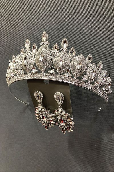 Hobigram Set de coroană și cercei de mireasă Dilruba de culoare argintie pentru cele mai frumoase mirese – Coroană, cu piatră de cristal – Coroană –