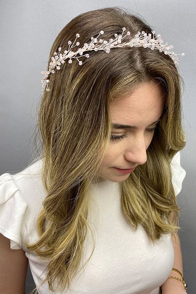 Hobigram Accesoriu de păr cu ramură de primăvară emailată cu pulbere pentru cele mai frumoase mirese – coroană, piatră de cristal, model elegant, diademă de mireasă