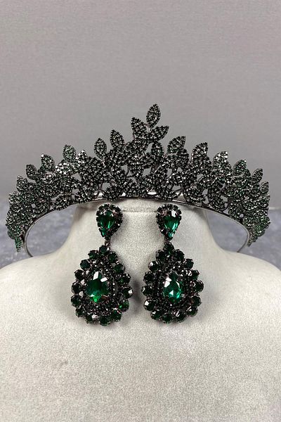 Hobigram Green Sara Sık Stone Bridal Henna Crown și cercei cu piatră picătură pentru cele mai frumoase mirese – Crown, Crystal Stone