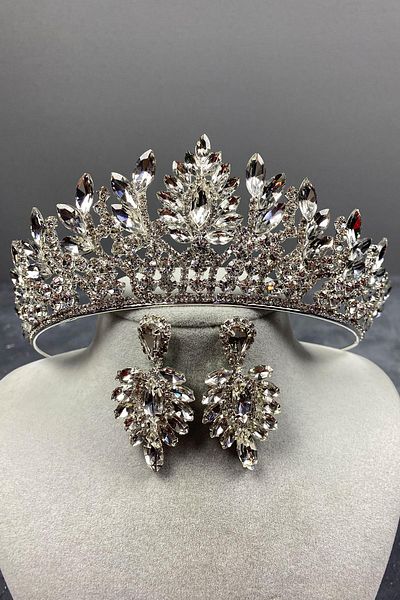 Hobigram Set de coroană de mireasă și cercei cu piatră Danver argintie pentru cele mai frumoase mirese – Coroană, piatră de cristal, model elegant – Ta