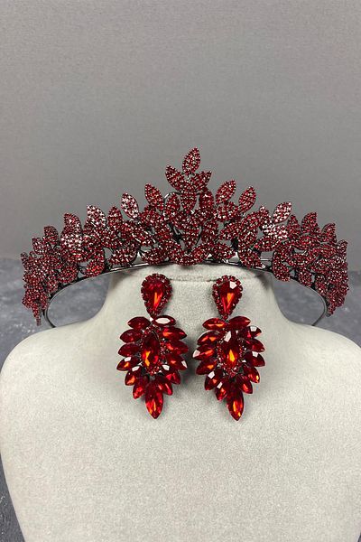 Hobigram Red Sara Sık Stone Bridal Henna Tiara și cercei Set pentru cele mai frumoase mirese – Coroană, Crystal Stone – Tiara –