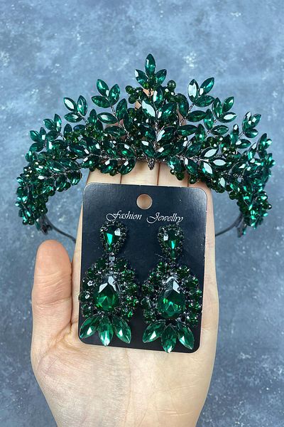 Hobigram Set de coroană de mireasă cu henna și cercei cu pietre pentru cele mai frumoase mirese Green Asleny – Coroană – Tiara